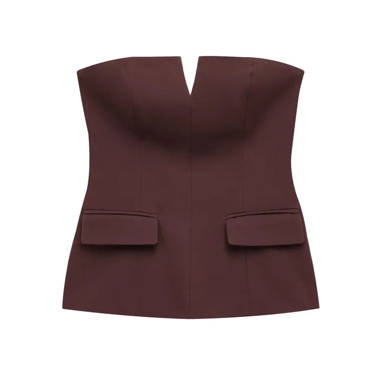 TRAF Tops para mujer Top corto sin tirantes blanco roto Corsé de verano para mujer Tops de tubo sexys sin espalda Camiseta sin mangas de color liso
