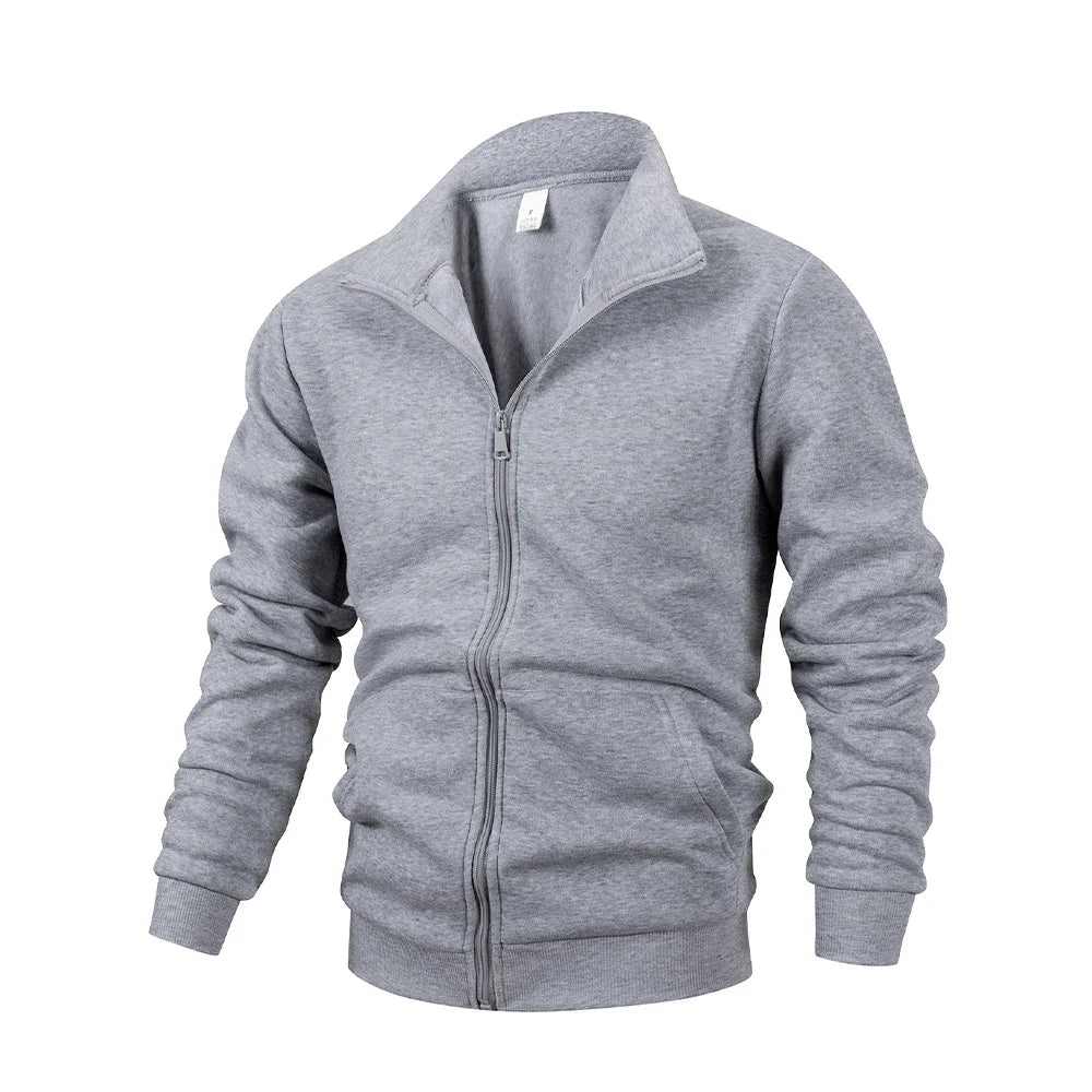Chaqueta para hombre de manga larga con cremallera, abrigo de color liso con cuello levantado, cálida, para exteriores, chándal para hombre