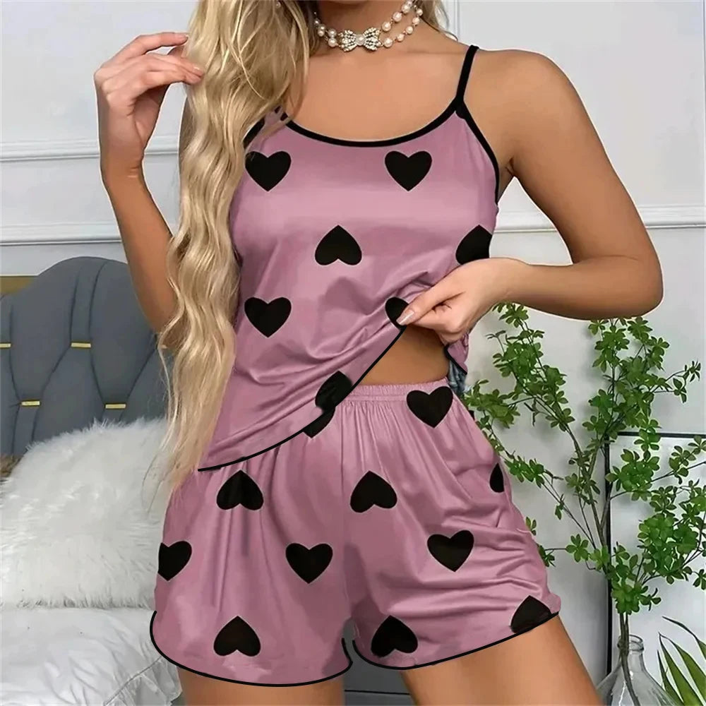 Conjunto de pijama para mujer Pijamas Camisetas Pantalones cortos Estampado de corazón rosa Camiseta de cuello redondo Top de seda de hielo Cómodo Informal Verano