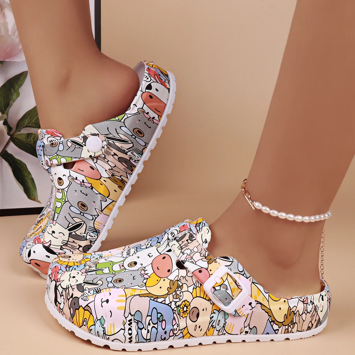 Sabots souples à imprimé animal pour femmes, tige confortable en EVA et semelle coussinée, légers et respirants, décontractés toutes saisons