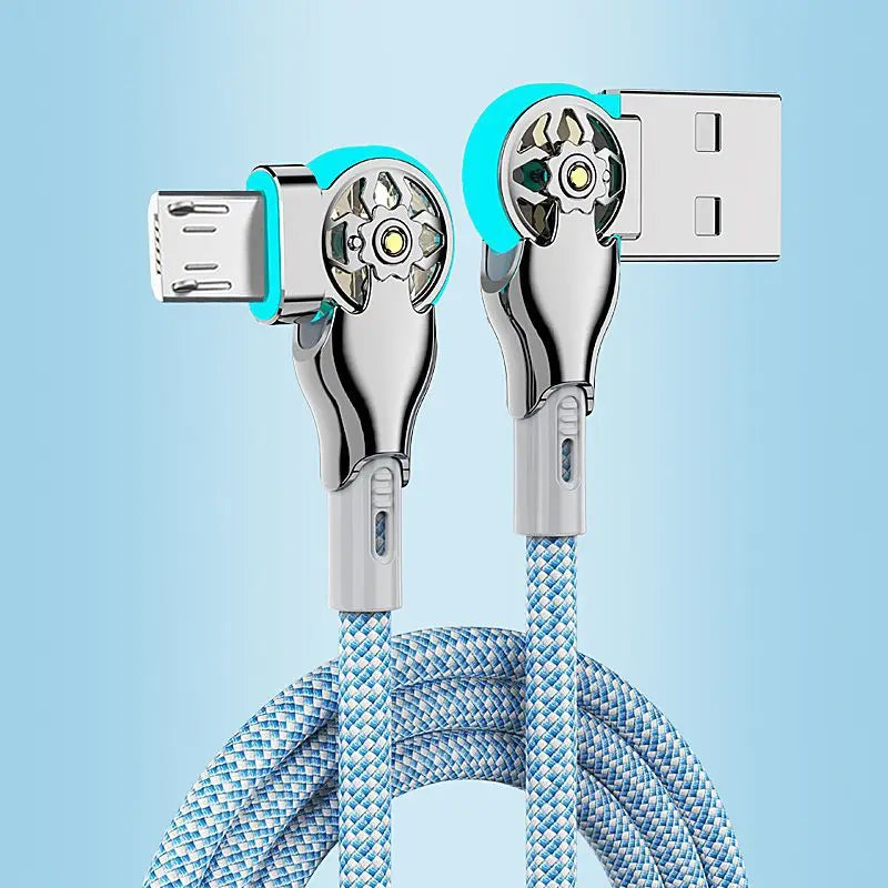 Cable de carga rápida con rotación dual de 180° Tipo C Micro USB Cargador con luz Aleación de zinc Cable de datos trenzado para Android iPhone
