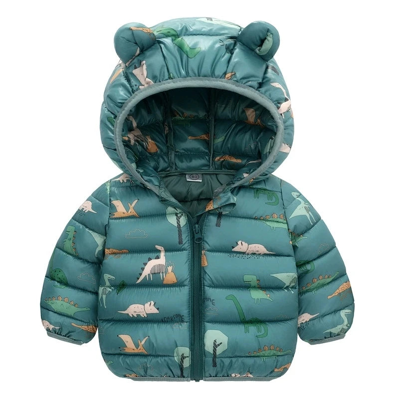 Chaqueta de plumas para niños de 1 a 5 años, de otoño e invierno, con capucha, de dibujos animados, cálida y a la moda, con cremallera, abrigo para niñas, ropa infantil