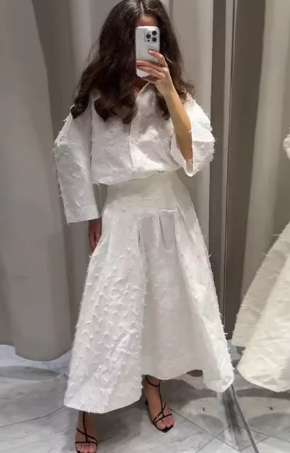 Conjunto de Falda Larga y Camisa con Borlas de Verano para Mujer Elegante Blanco Suelto Cintura Alta Plisada Maxi Faldas Trajes 2025 Ropa de Calle para Oficina