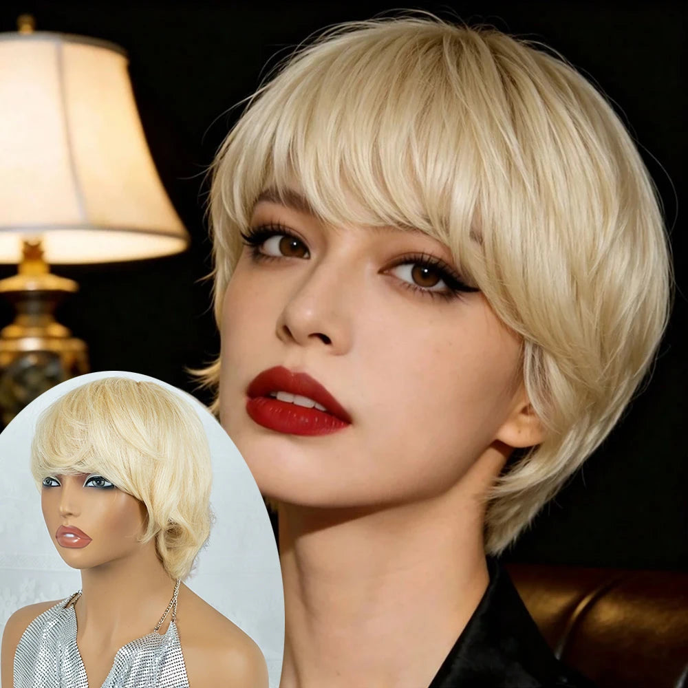 Natural 613 Platinum Blonde Short Layered Pixie Bob Human Hair Wig with Bangs, Lightweight Voluminous Layered Blonde Pixie Bob Wig with Fringe, Full Machine Made Light Yaki Style for Women Daily Wear