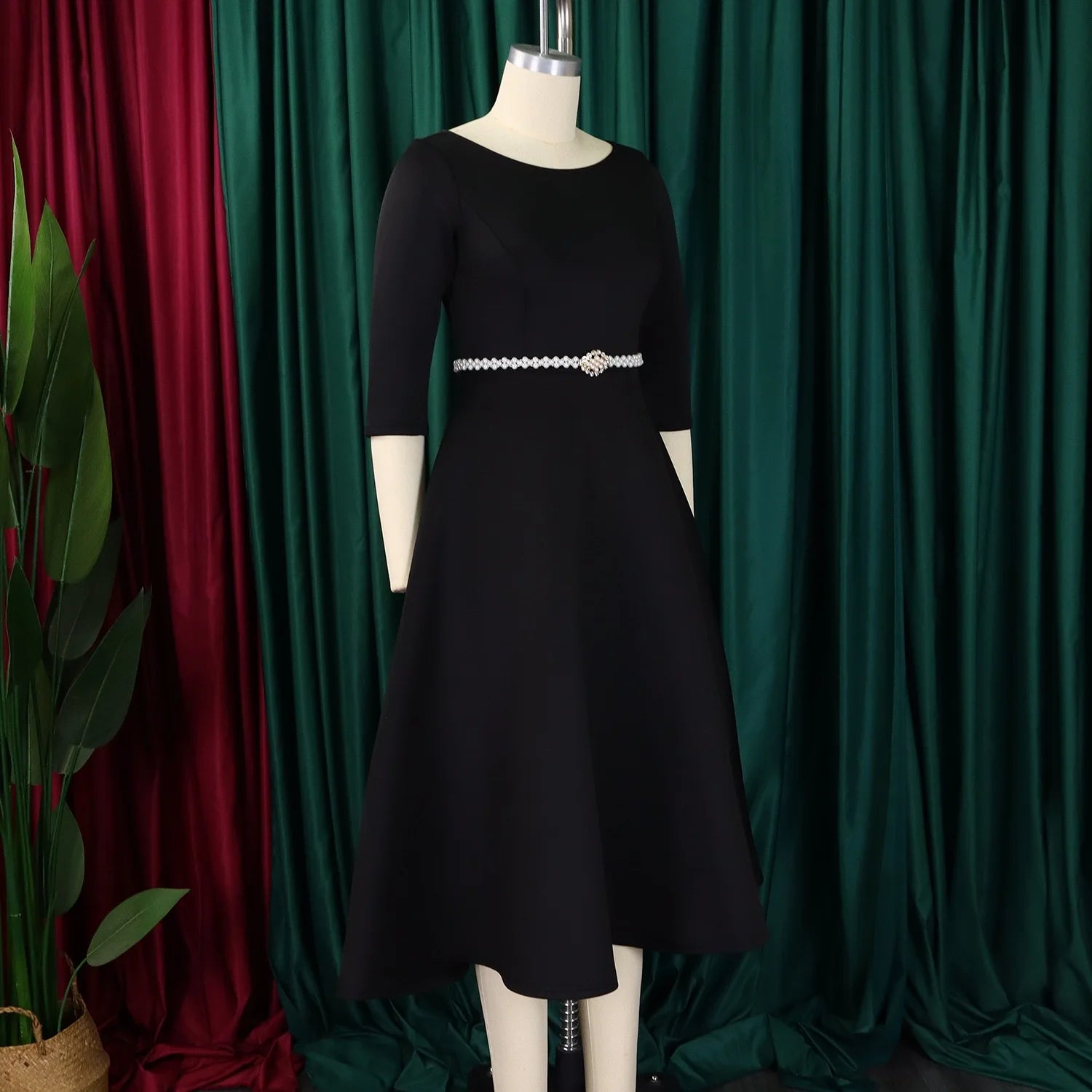 Vestidos de lujo para mujer, cuello redondo, manga larga, con cinturón en la cintura, cintura alta, plisados, línea A, hasta el tobillo, elegantes vestidos de cumpleaños para mujer