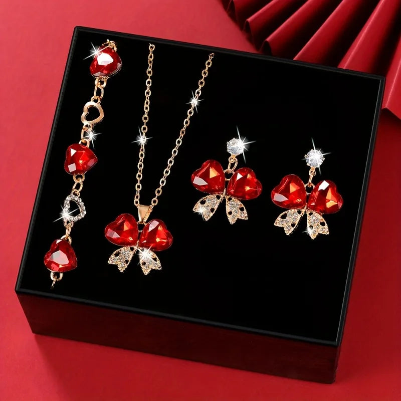 Juego de 4 piezas/set de collar, pulsera y pendientes de lazo de amor de color rojo de moda, adecuado para regalos de joyería para fiestas de San Valentín de mujer