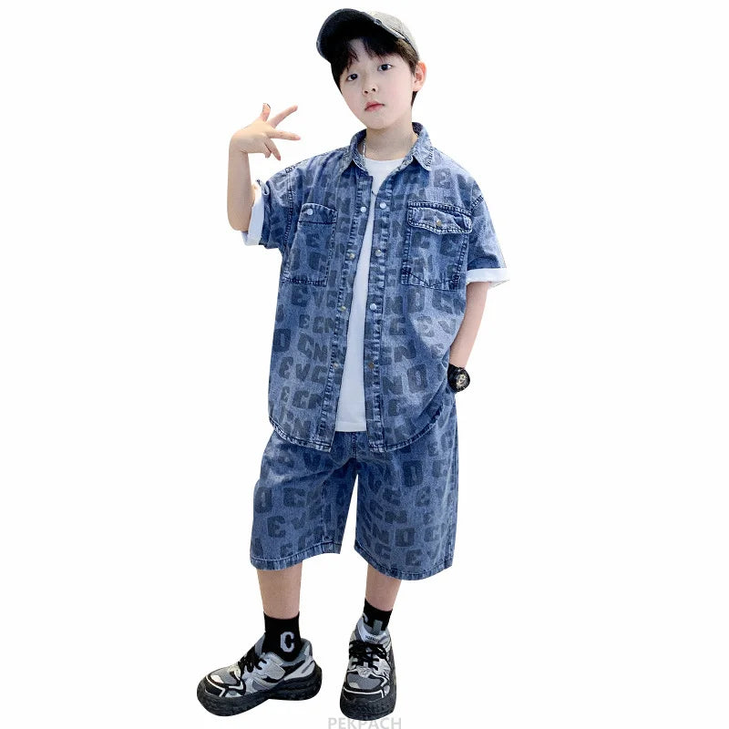 Kids Summer Casual Clothing Set for Tween Boys Shirt And Short Denim 2 Piece Outfit Set Teens Child Cool Streetwear Suit Wear