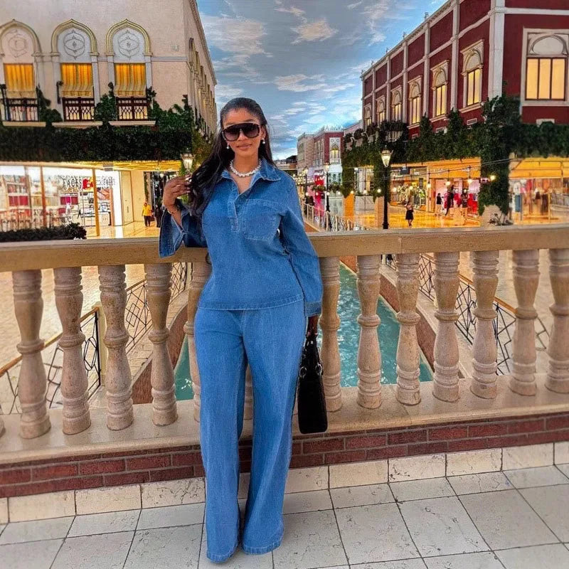 Denim Pant Set Women Two Piece Sets Turn Down Collar Mom Jeans Shirt Tops Wide Leg Long Pants Straight Trousers Y2k Streetwear