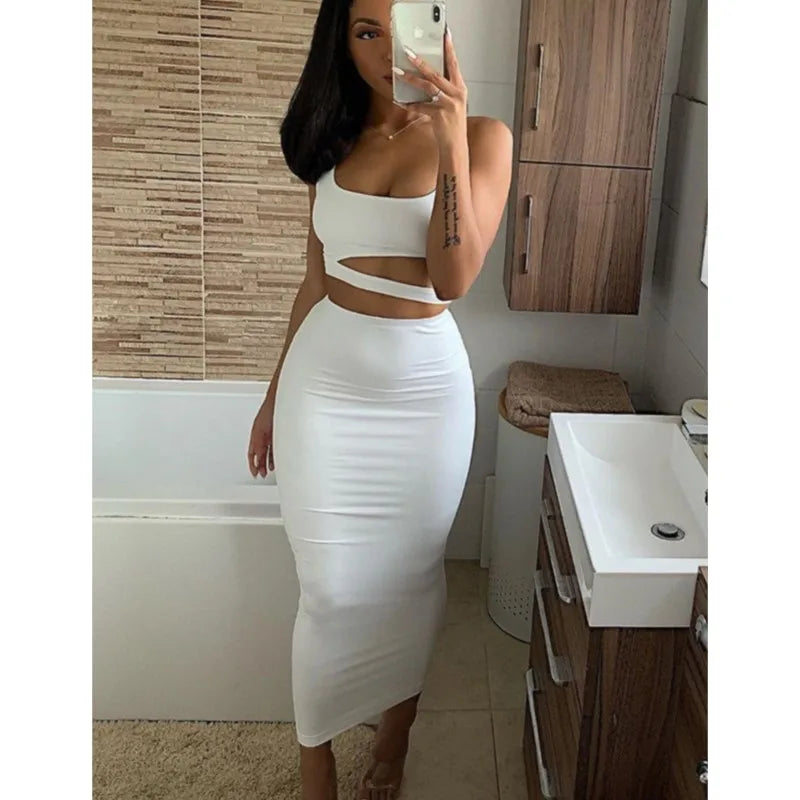 Conjuntos de faldas de verano para mujer, top corto sin tirantes con aberturas + conjuntos de falda ajustada elástica de cintura alta, trajes de dos piezas sexys para mujer a la moda