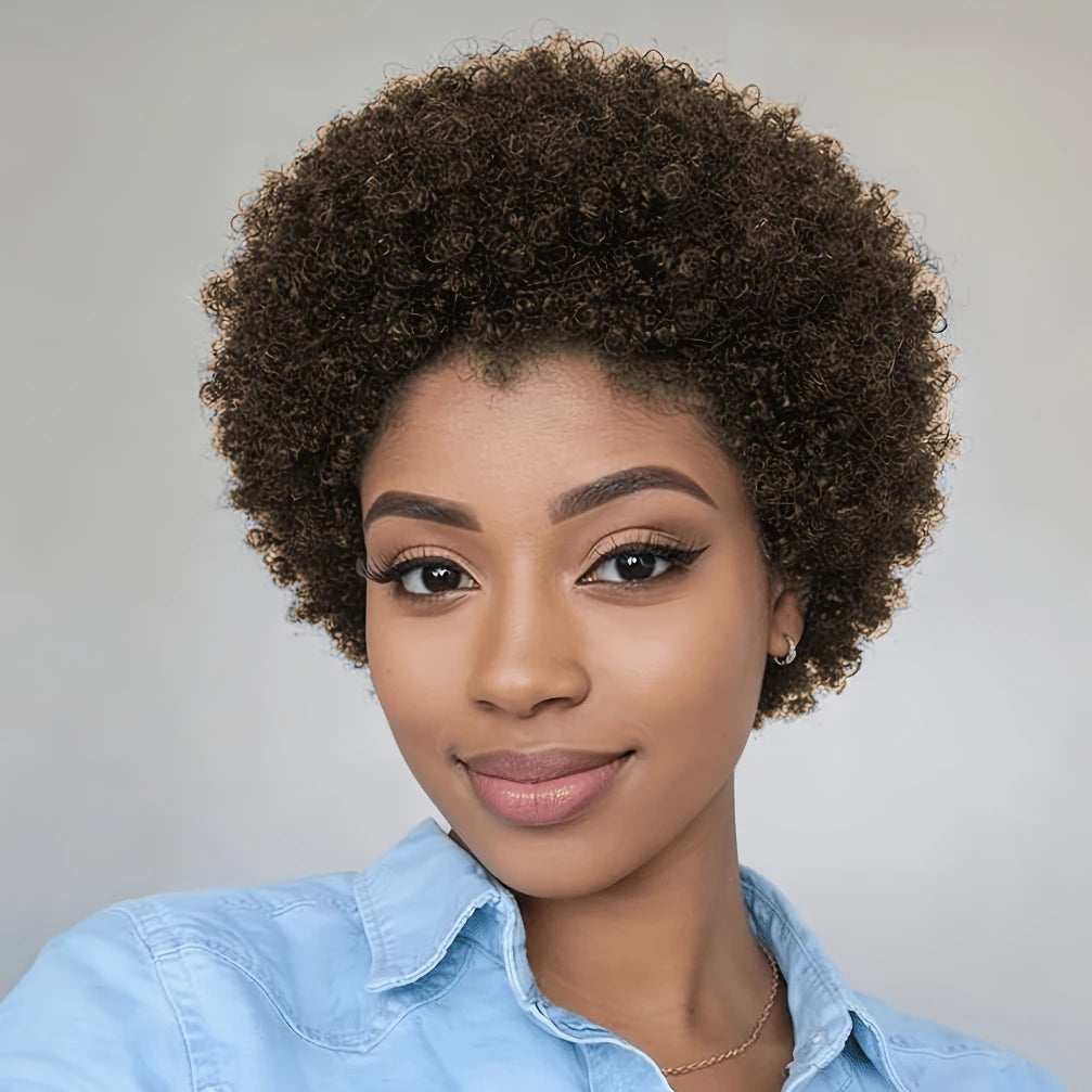 Peluca Afro Kinky Rizada con Onda 150% Densidad 6 Pulgadas Pixie Cut Peluca Afro Kinky Rizada de Cabello Humano para Mujeres Peluca Completamente Hecha a Máquina