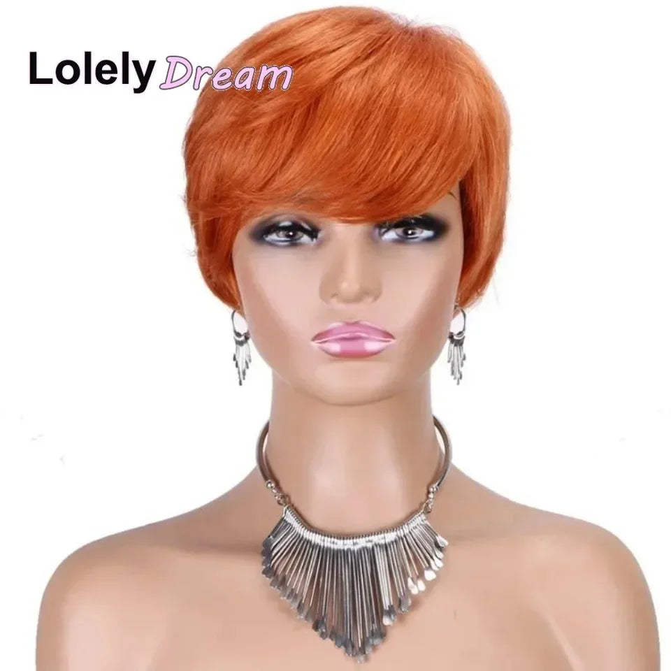 Peluca Lolely Dream Corta Naranja Jengibre 100% Cabello Humano con Flequillo, Peluca Lisa Remy Hecha a Máquina, Peluca Bob con Capas, Corte Pixie para Mujeres