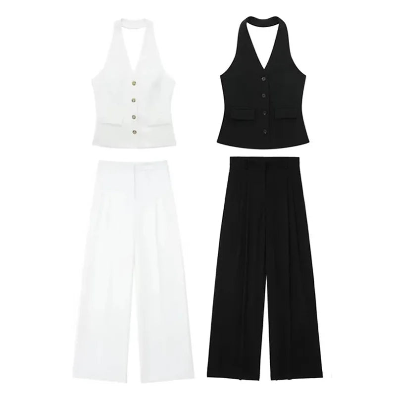MUJER Women Pants Sets Off Shoulder Sleeveless Vest Top Woman Wide Leg Pants Women 2 Piece Set Outfit Elegant Women's Pants Suit