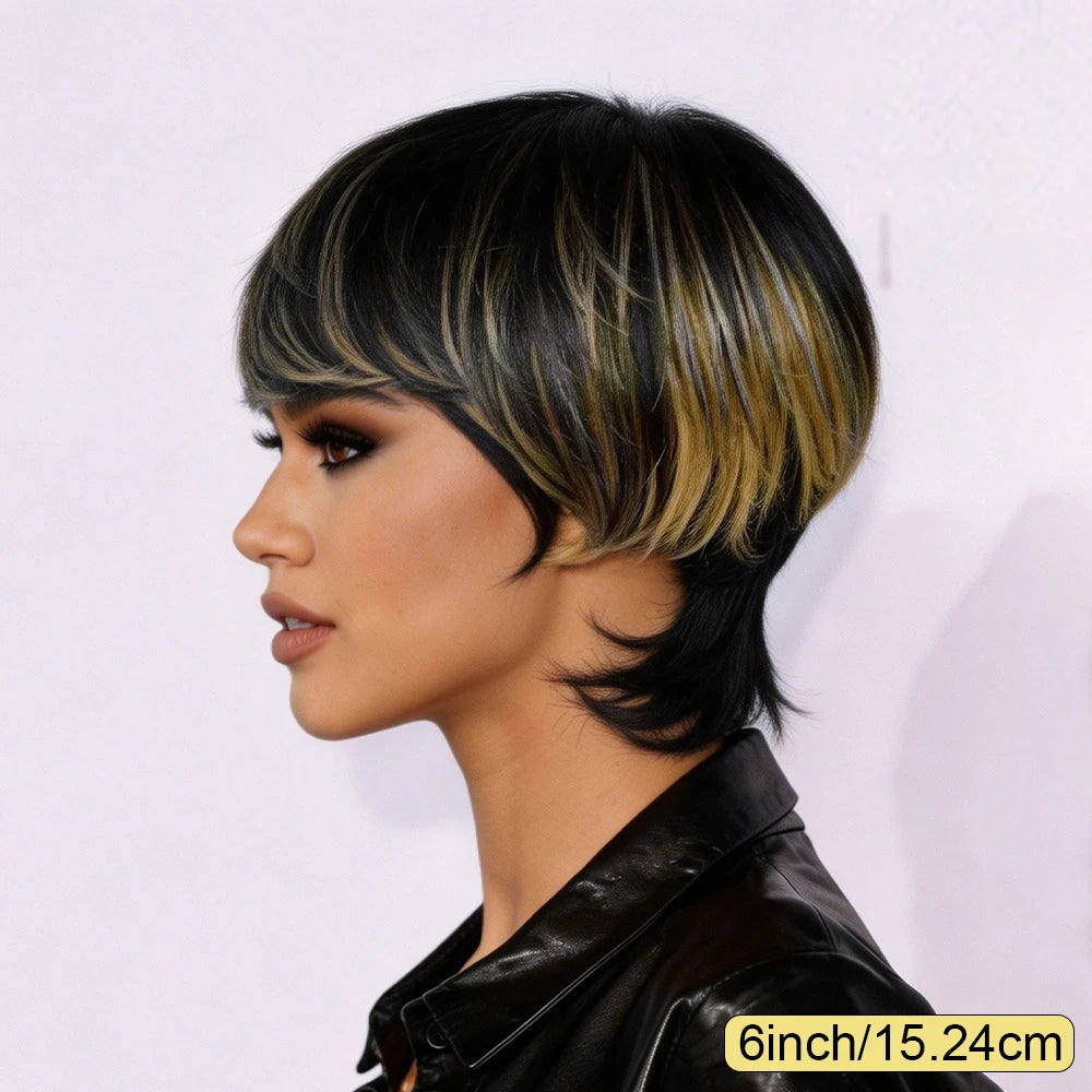 Black Blonde Highlight Layered Mullet Pixie Human Hair Wig with Bangs, Highlighted Black Blonde Feathered Mullet Pixie Cut Wig with Side Swept Fringes, Full Machine Made Spiky Tail Nape Style for Daily Work & Events