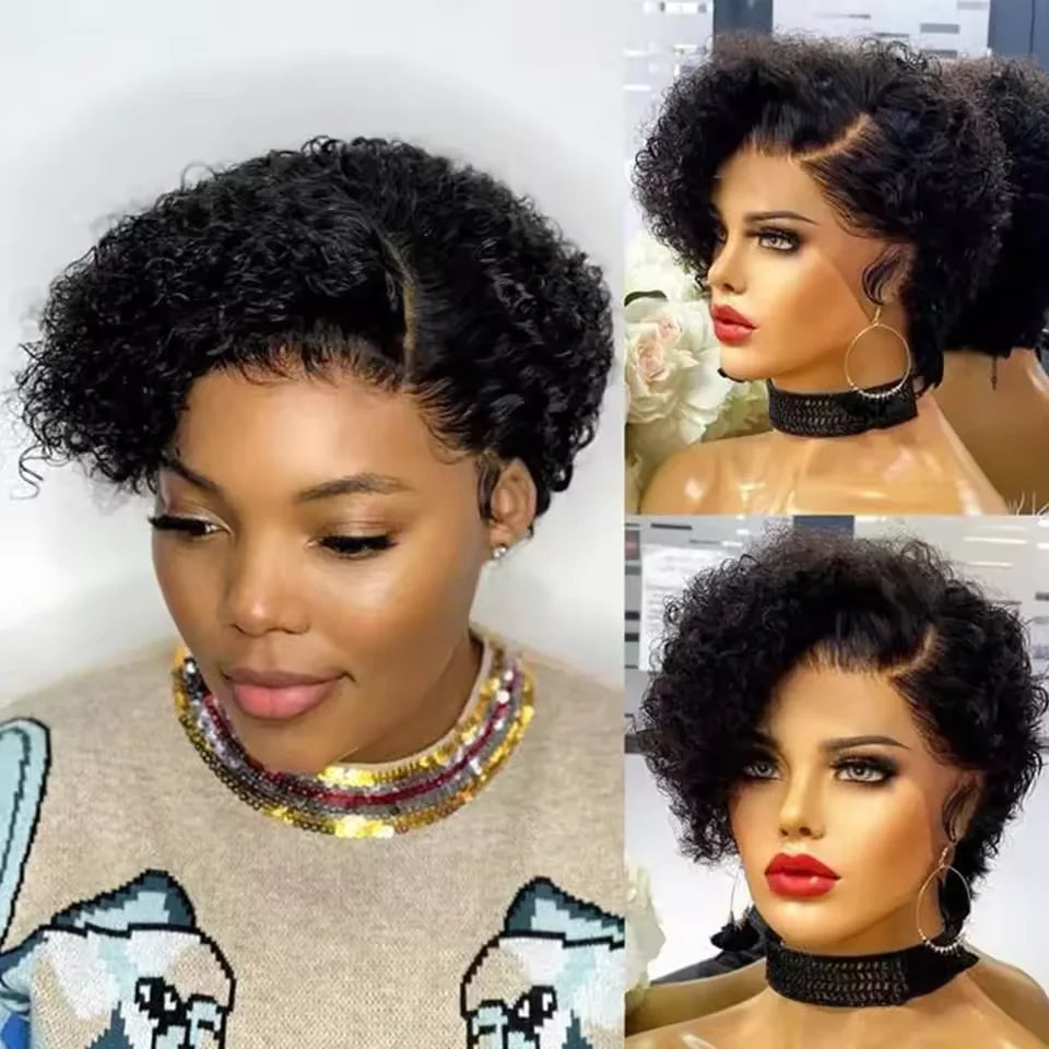 Peluca Bob Corto Black Pearl Pixie Cut Peluca de Pelo Humano Rizado para Mujer Color Negro Cierre de Encaje en T Peluca de Encaje Onda Profunda