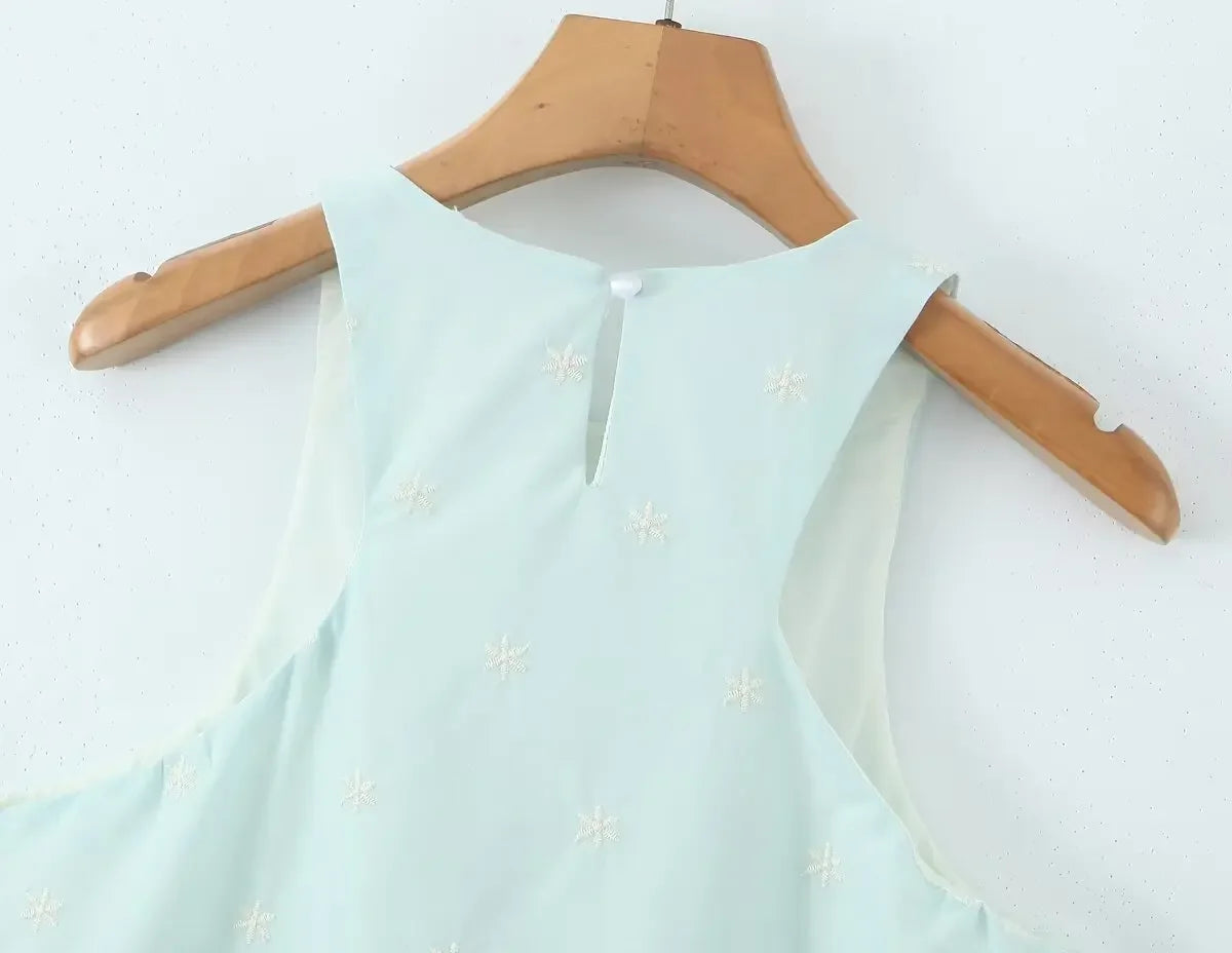 Conjunto de dos piezas de falda y top sin mangas a juego para mujer, falda vintage azul claro, conjunto de vestido de algodón bordado estilo francés