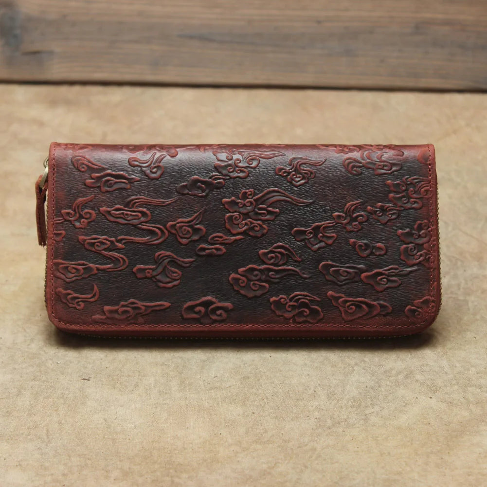 Billetera de lujo para hombre, cartera de mano de cuero genuino, monedero largo grabado en relieve, carteras de hombre de cuero grueso, carteras de mano de cuero para dinero