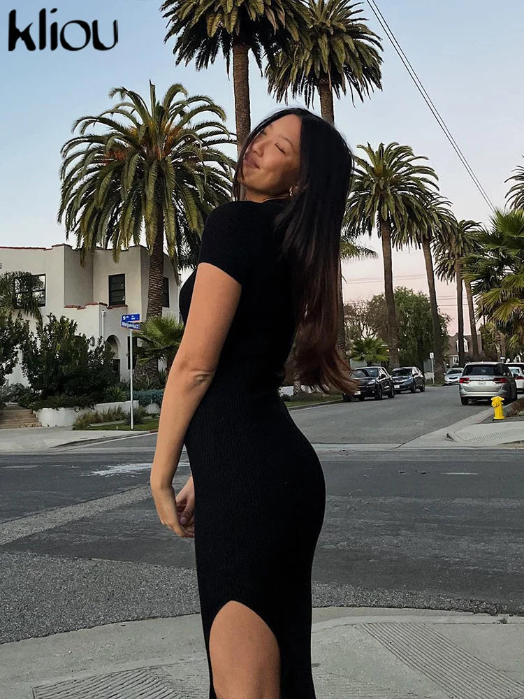 Kliou Elegante Vestido Largo de Oficina para Mujer Color Liso Cuello Vuelto Manga Corta Botones Abertura Lateral Moldeador de Cuerpo Estilo Urbano