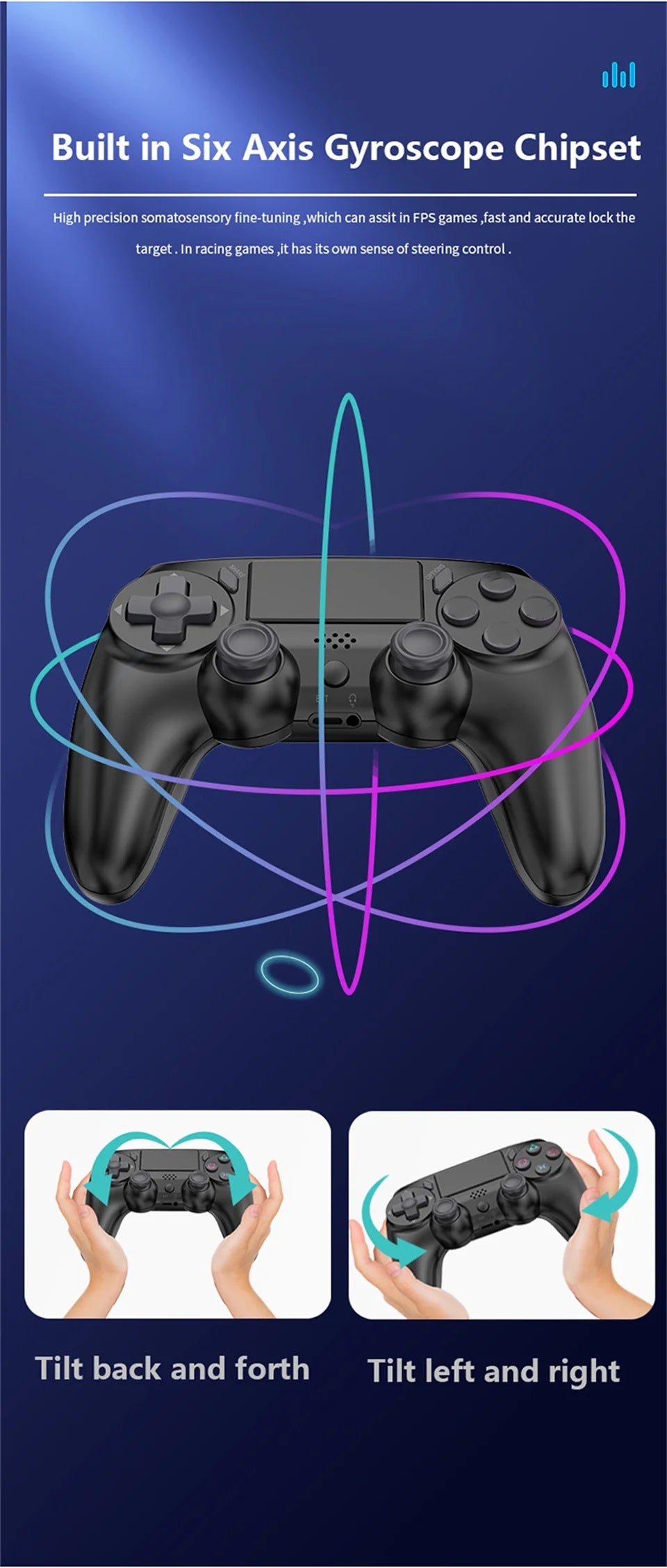 Mando inalámbrico GAMINJA con giroscopios de seis ejes, controlador de juego de doble vibración para PS4, PS3, consola de juegos, Windows 7, 8, 10, PC Joystick