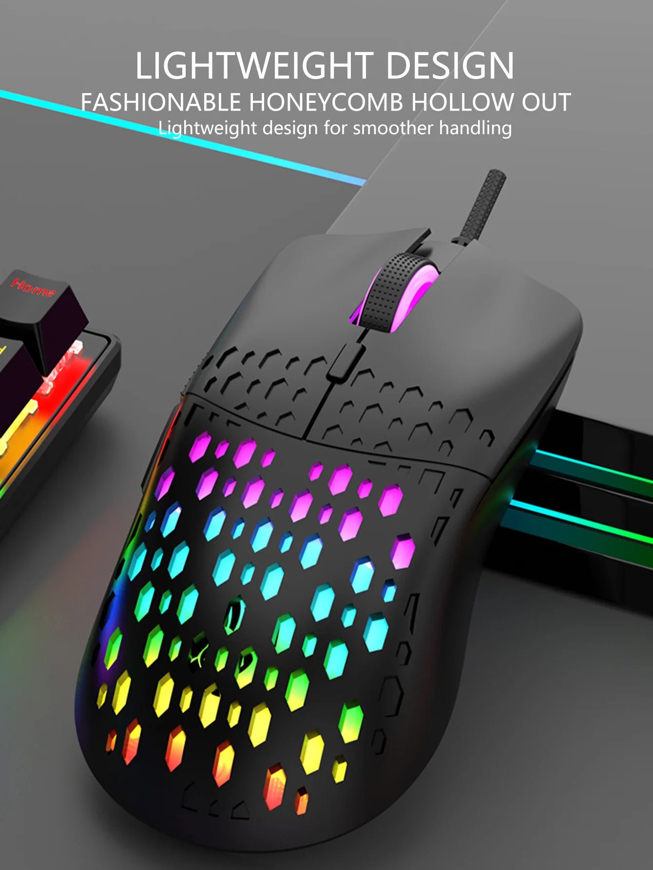 Ratón inalámbrico para juegos, efecto de luz deslumbrante y colorido, DPI variable, ratón perforado con diseño de panal de abeja a la moda