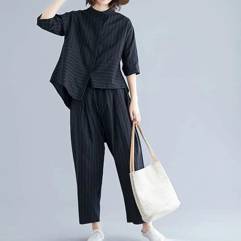 Literature Pants Sets Vintage Half Sleeve Striped Shirts Casual Harem Pants Oversized Korean Style Two Piece Sets Women Outfits