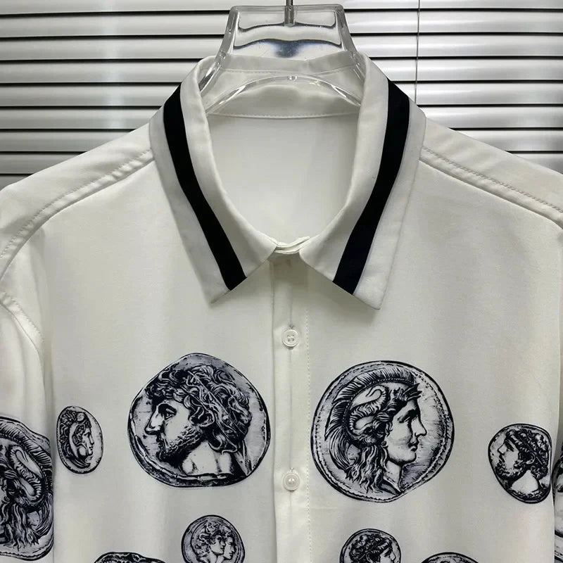 Men's shirt Vintage Character print Spring / Autumn Loose Version Classic Long-sleeved Lapel Fashion and leisure Top S-5XL