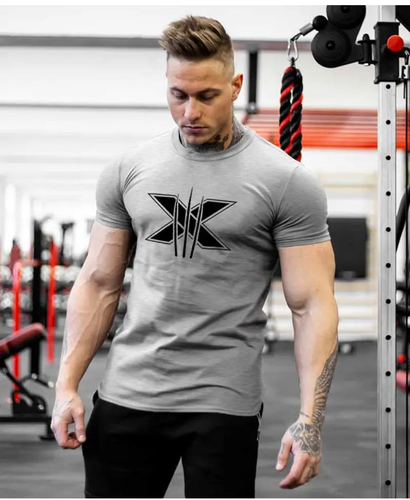 Ropa de gimnasio para hombre, camiseta de manga corta de algodón deportivo, para correr, entrenamiento, ajustada, estampada, sudadera, camisetas casuales