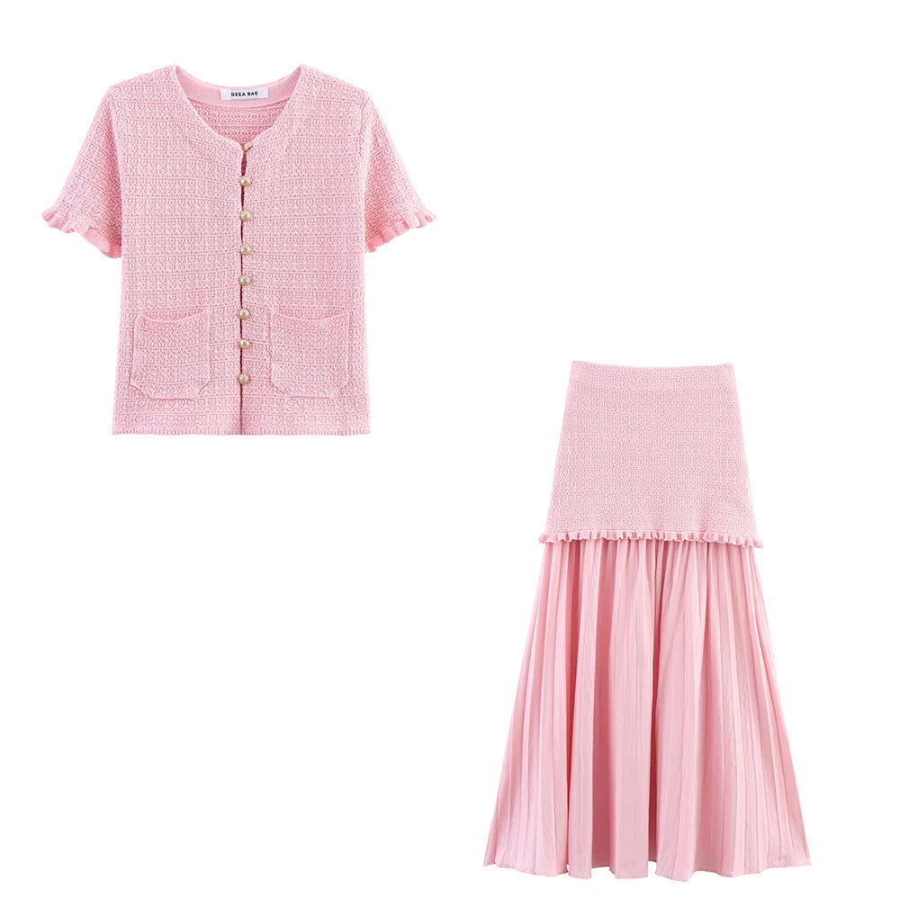 TRAFZA Conjunto elegante y chic de falda para mujer: top estilo "bandeau" o falda midi o top de manga corta. Conjunto para las vacaciones románticas de primavera-verano 2025.