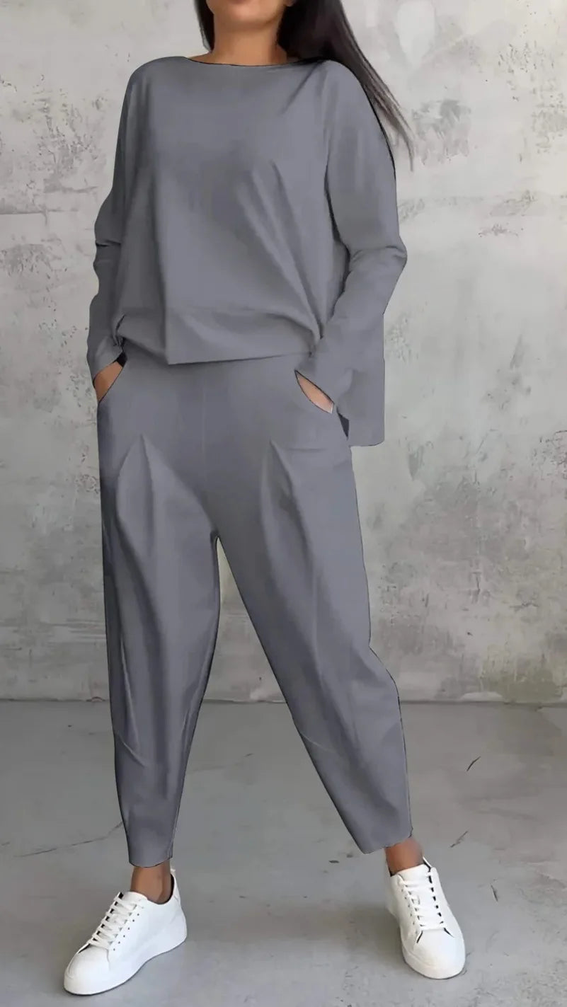 Conjuntos de dos piezas de pantalón para mujer, tops lisos de manga larga, cuello redondo, casual, pantalones largos de cintura media, bolsillos, elegante regular