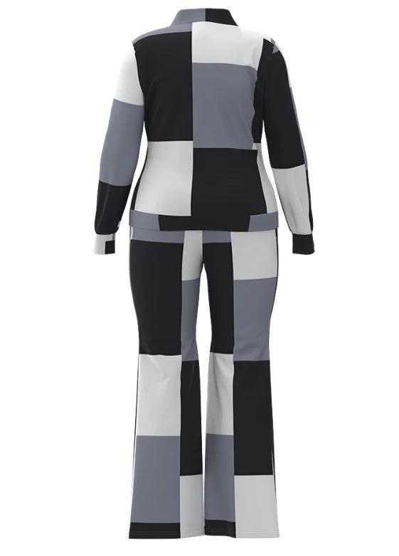 Conjunto de dos piezas para mujer, ropa de otoño, estampado geométrico, cuello levantado, manga larga, top con cremallera y conjunto de pantalón deportivo casual