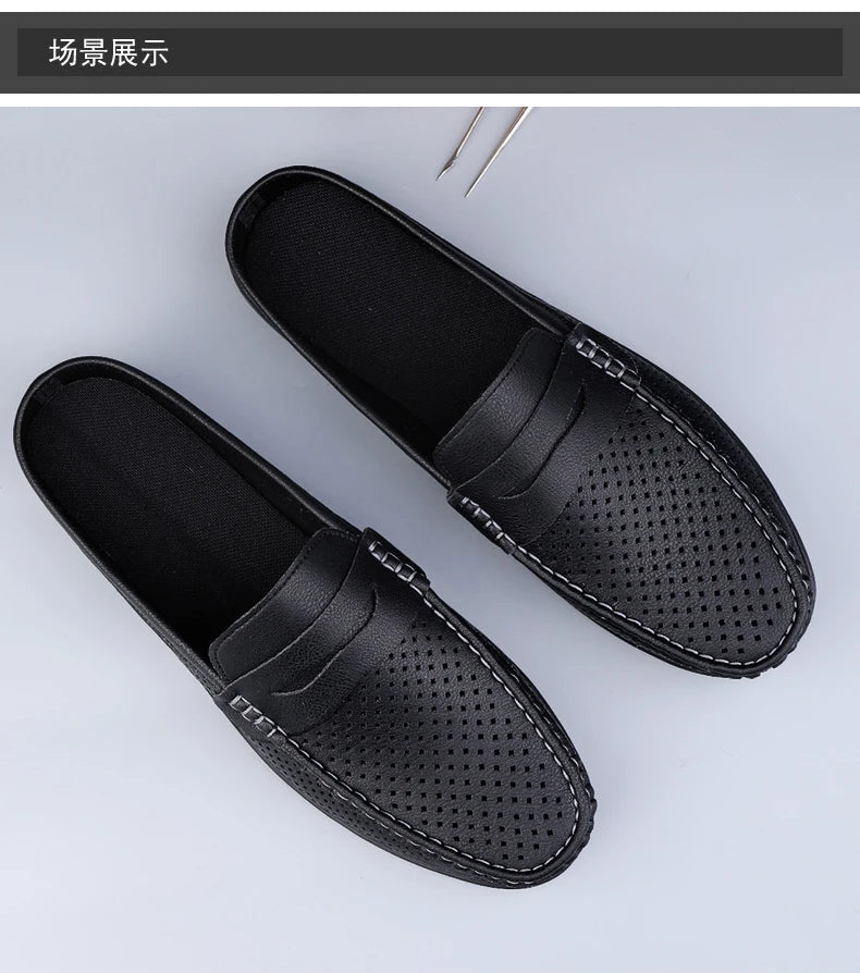 Zapatos de hombre cuatro estaciones nuevos zapatos de cuero de moda ahuecados suela blanda transpirables antideslizantes ligeros de talla grande informales