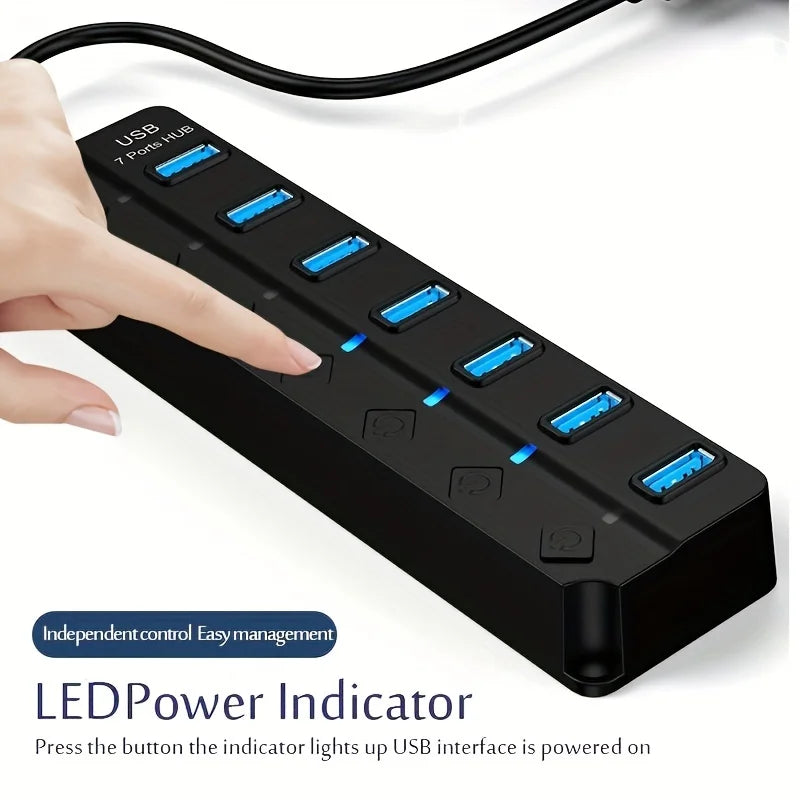 Concentrador USB 3.0 de 4/7 puertos con indicador LED, control de interruptor independiente para laptop, unidad flash, disco duro, impresora, cámara, teclado