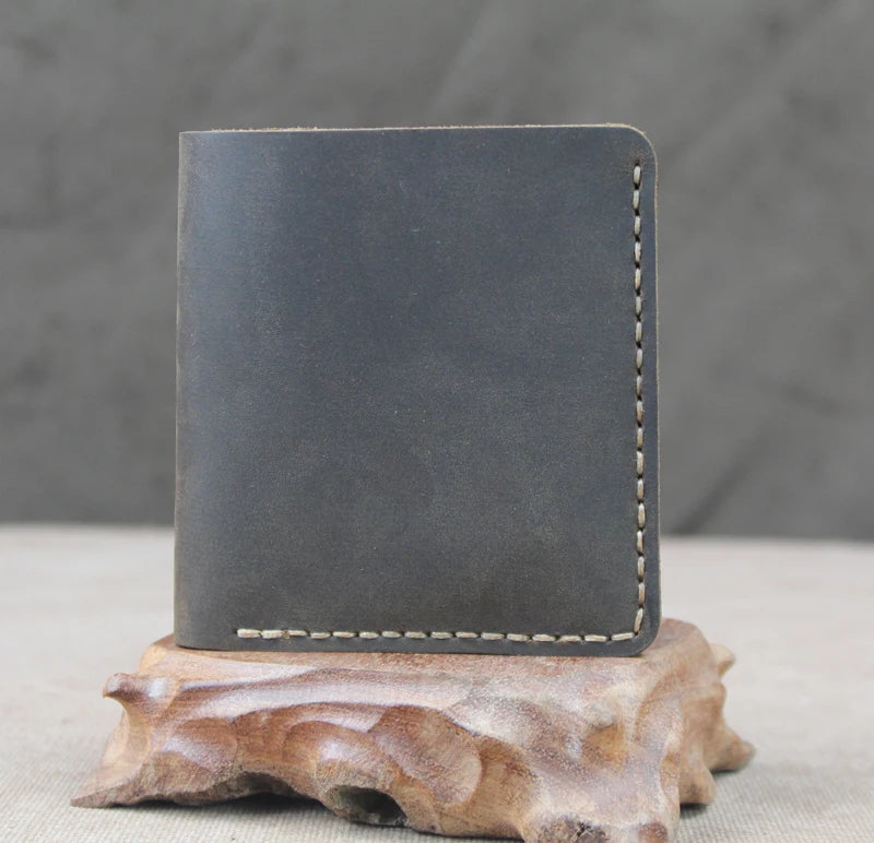 Cartera de lujo hecha a mano de cuero genuino Crazy Horse para hombre, cartera pequeña de cuero para hombre, monedero corto con clip para billetes, bolsa para dinero, café negro