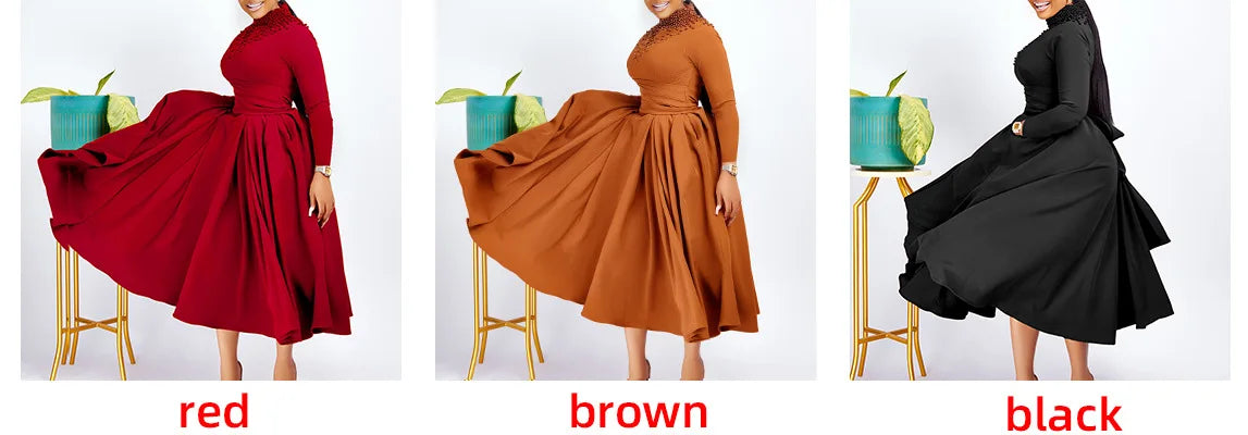 Vestido Elegante Africano para Mujer, Vestidos de Noche con Cuello Alto y Cuentas a la Moda, Vestido Delgado de Temperamento para Mujer, Vestidos Casuales de Manga Larga