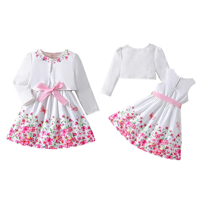 Conjuntos de ropa casual para niños y niñas primavera verano, abrigo de manga larga con estampado floral, vestido sin mangas para niños de 2 3 4 5 6 7