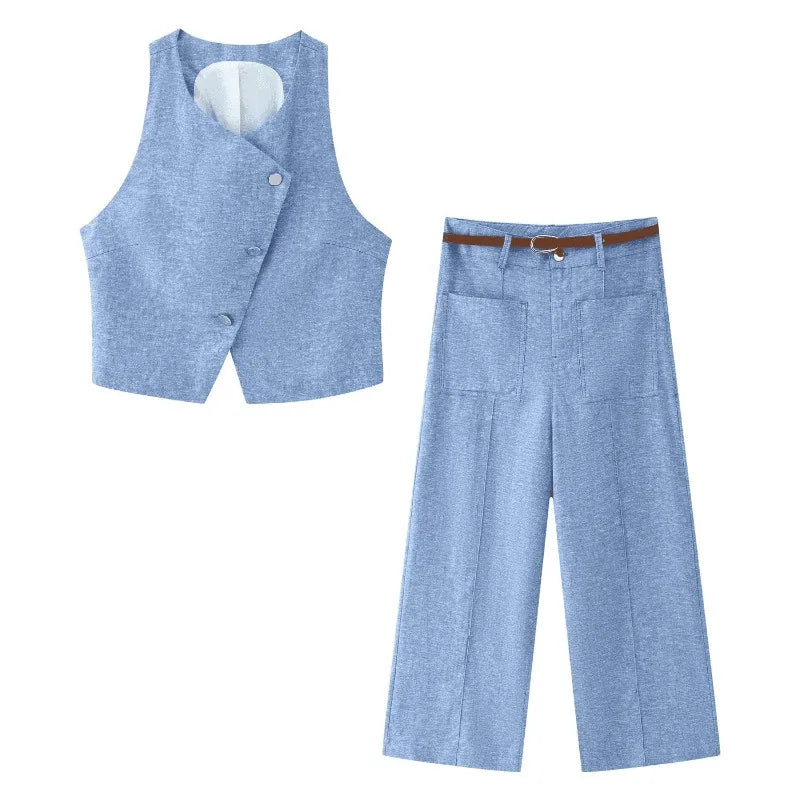 Women Wide Leg Pants Sets 2 Pieces Fashion Double Breasted Vest Top Women Suit Casual Two Piece Set Women Outfit