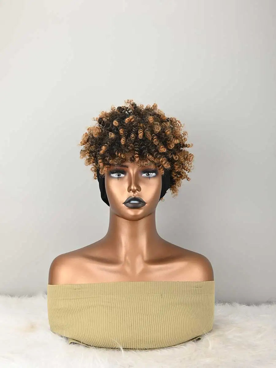 Headband Wig Curly Headband Wig With Bangs For Women Synthetic Afro Curly Hair Wig With Headband Attached Short Kinky Curly Afro High Puff With Bangs Stripes Short Red Curly Wigs with Bangs for Women, Natural Wavy Synthetic W
