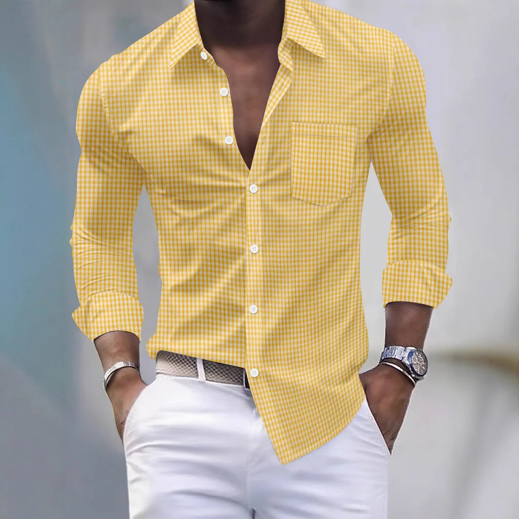 Camisa de hombre - Camisa de manga larga abotonada con cuello, diseño de bolsillos y cuadros sólidos, estilo informal de negocios, nueva temporada primavera-otoño