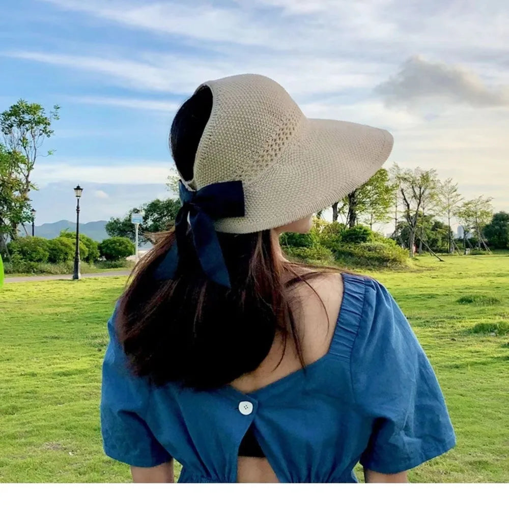 Chapeau de soleil à nœud creux tendance pour femme, large bord, queue de cheval, casquette de plage, protection UV, crochet