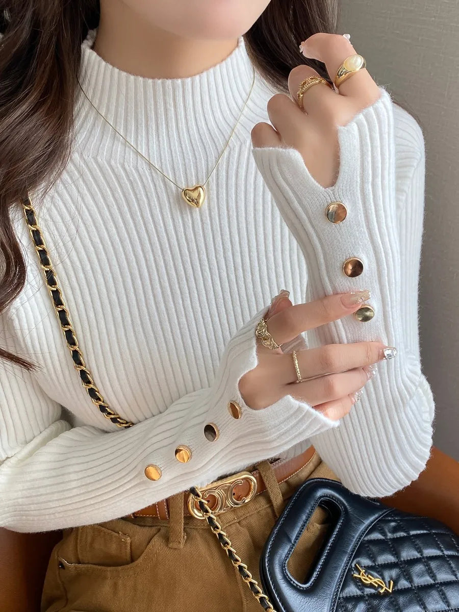 Pull à manches longues pour femme, vêtement d'automne et d'hiver, en tricot fin et doux, style streetwear, col roulé boutonné