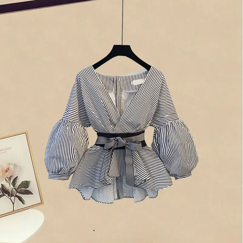 Conjunto de 2 piezas de falda y top, primavera verano casual, cuello en V, top holgado, conjuntos de falda, moda coreana, ropa de mujer