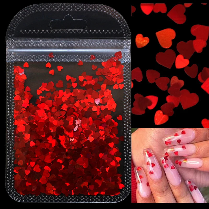 2g Holographic Nail Art Glitter Shiny Sweet Love Red Heart Flakes Sequins 3D Nail Paillette Manicure Valentine's Day Decorations