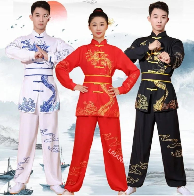 New Chinese Style Men Women Embroidered Dragon Kung Fu Suit Tai chi Wushu Uniform Outdoor Sport Long Sleeve Jacket Pants Sets