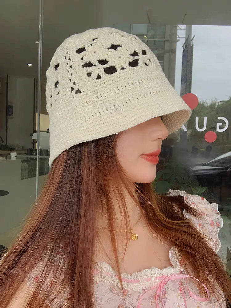 2025 Handmade new flowers Y2K style weaving knitted Cap Russian Women Luxury Panama fashion bucket hat