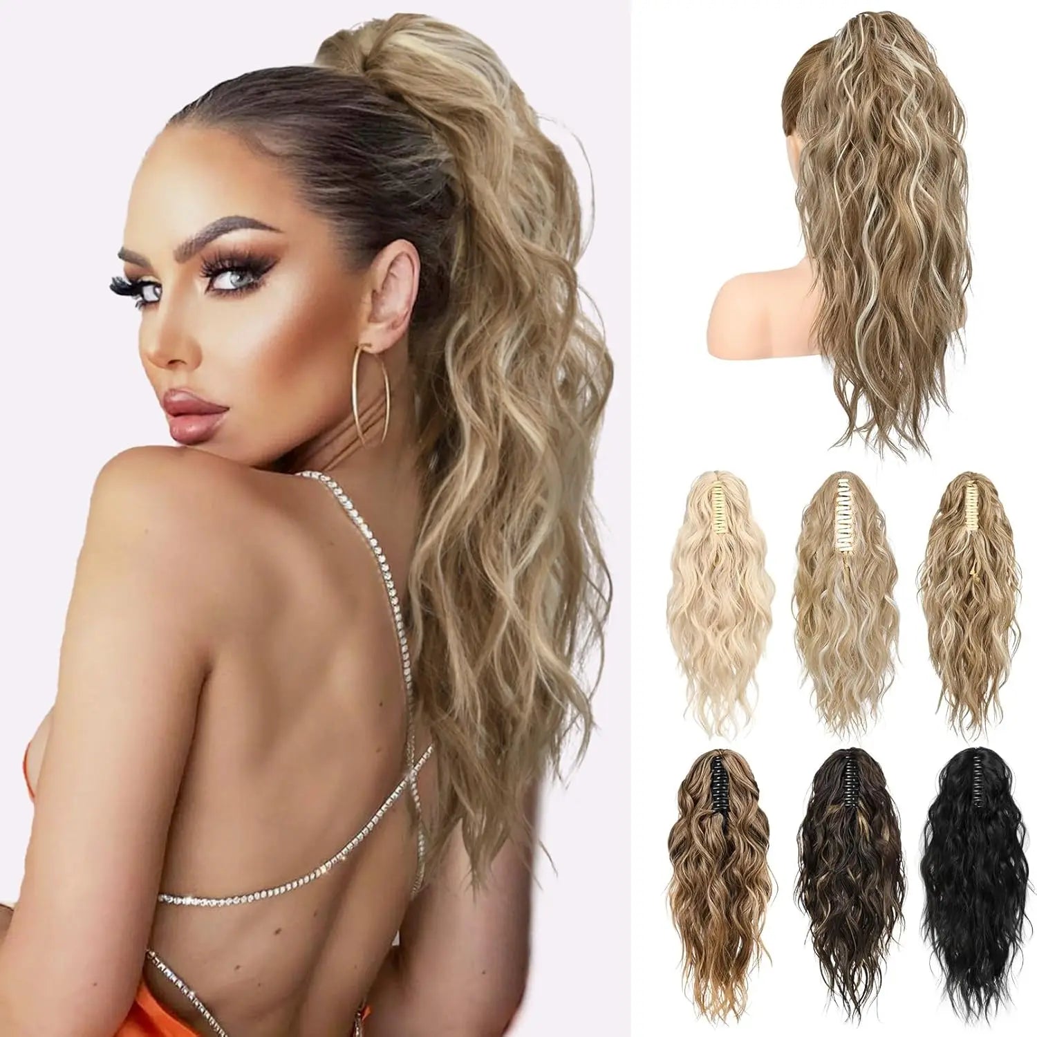 18" Wavy Claw Clip in Ponytail Hair Extensions Curly Synthetic Fake Pony tails Hairpieces-Ash Brown with Blonde Highlights