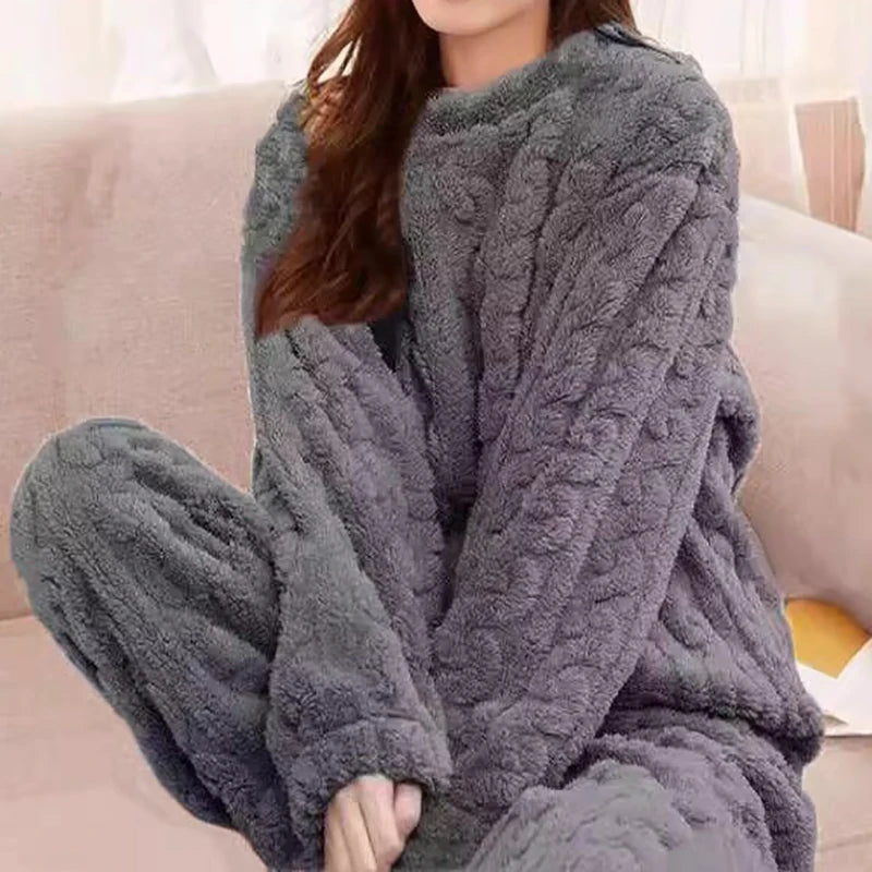 Conjunto de pijama de mujer, invierno, ropa de dormir, cuello redondo, top holgado de manga larga, pantalones de cintura elástica, conjuntos de pantalón, tallas grandes, conjuntos a juego