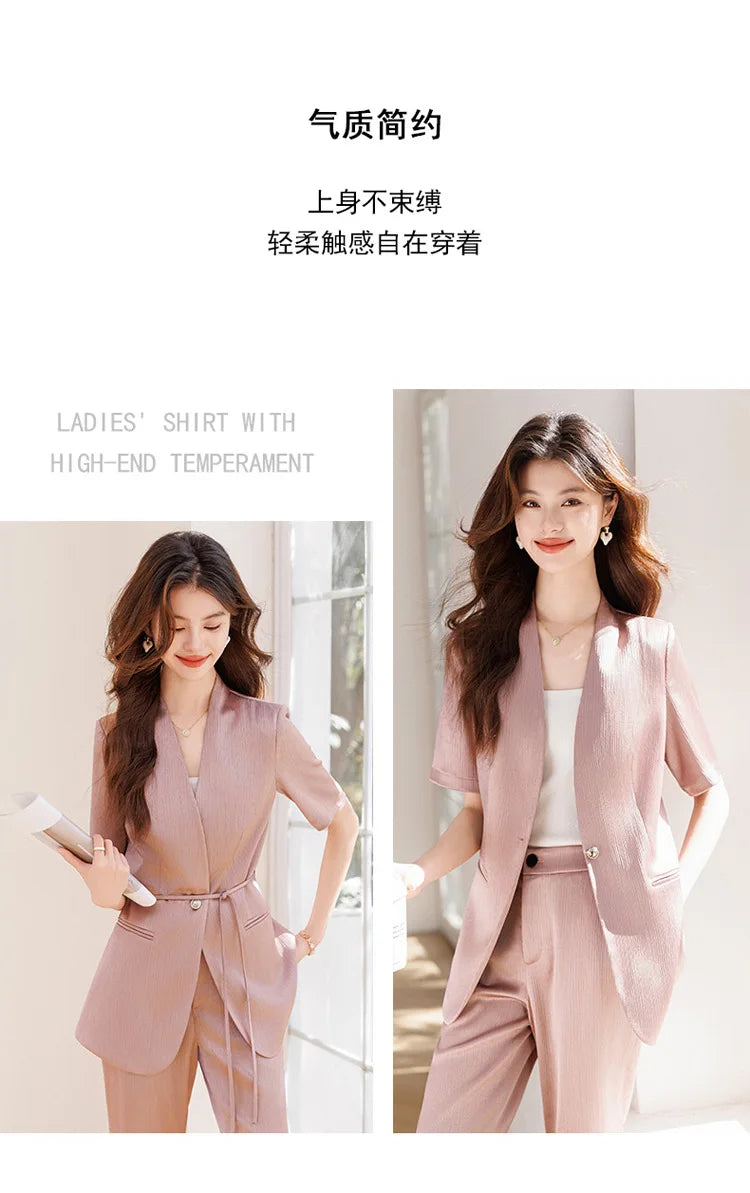 Damebuksedress med belte Sommer Kortermet V-hals Blazer og bukser Sett Elegant Kontorarbeidstøy Lilla Mote 2025