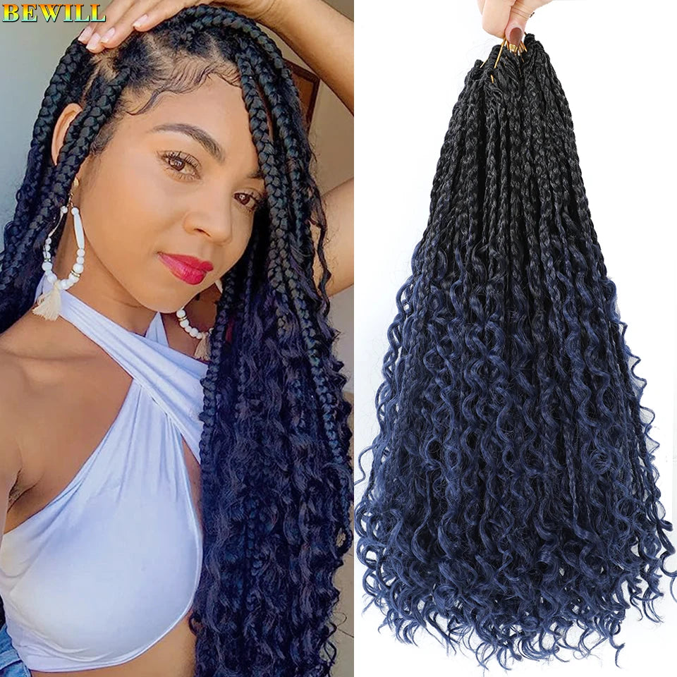 18" Long Boho Braids Extensions Goddess Box Braids Crochet Hair Black Purple Pink Synthetic Braiding Hair Bohemian Hippie Braids