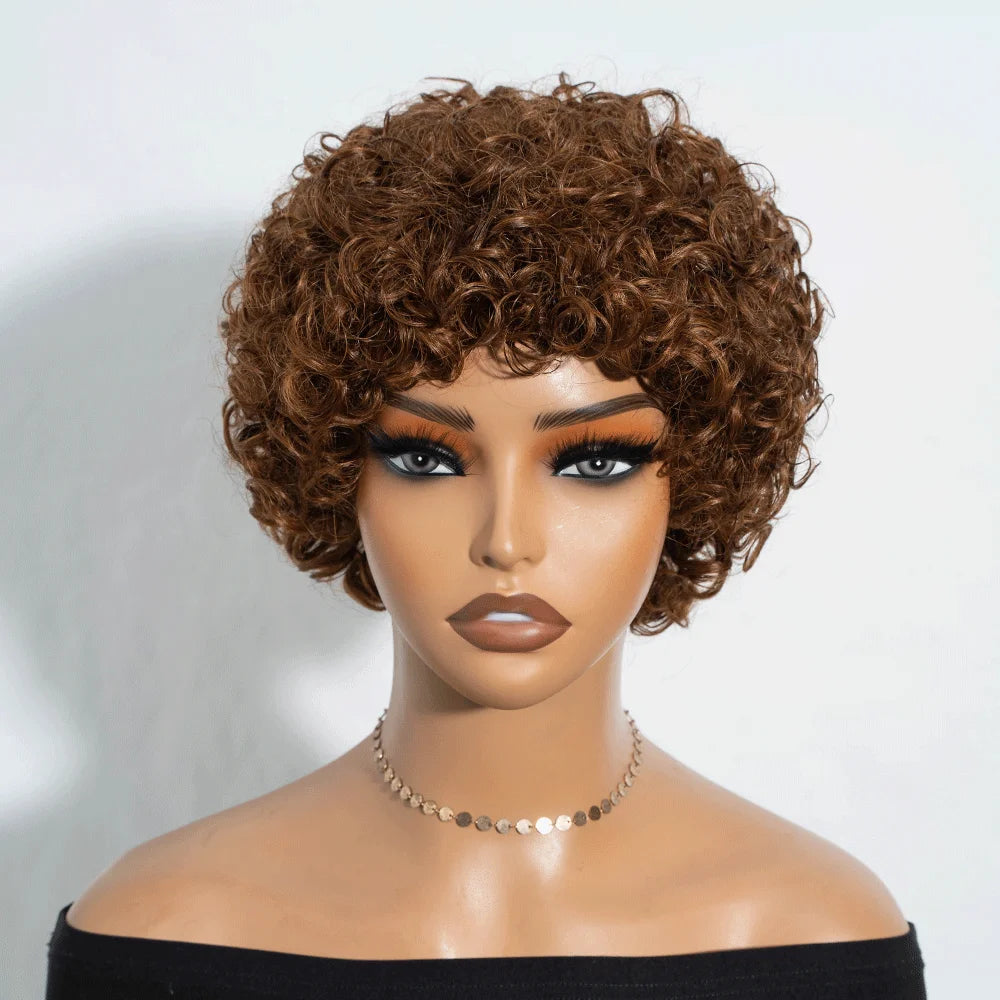 Brazilian Afro Puff Pixie Bob Wig 99J Natural Brown Full Machine Made Pre-Plucked Bangs 100% Human Hair For Black Women