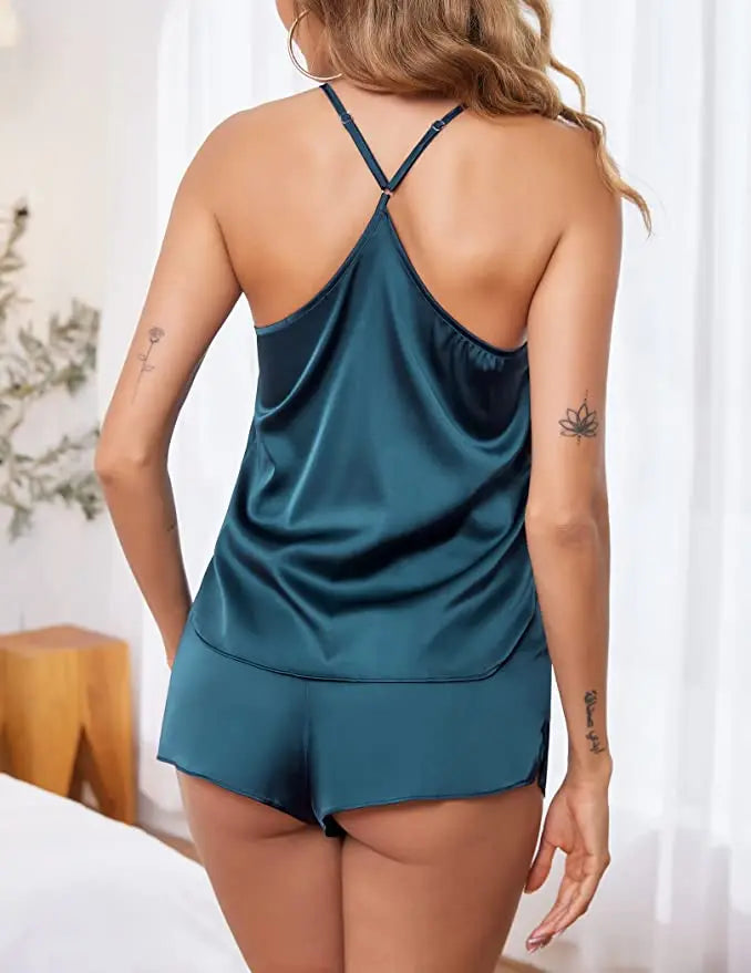 Conjuntos de pijama de satén y encaje sexy para mujer, ropa de dormir, tops sin mangas + pantalones cortos, conjuntos de 2 piezas de pijama para mujer