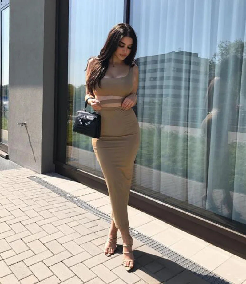Conjuntos de faldas de verano para mujer, top corto sin tirantes con aberturas + conjuntos de falda ajustada elástica de cintura alta, trajes de dos piezas sexys para mujer a la moda